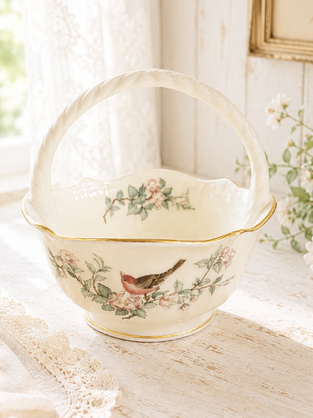 Vintage 24 K Gold Lenox Serenade Candy Basket Bird and Floral Motif